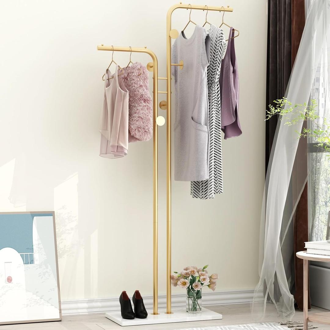 TIEOU Double-pole Metal Coat Rack, Gold Coat Rack Freestanding with 5 Hooks and Marble Base, Gold Clothing Rack, Modern Coat Hanger Stand for Entryway, Living Room, Bedroom