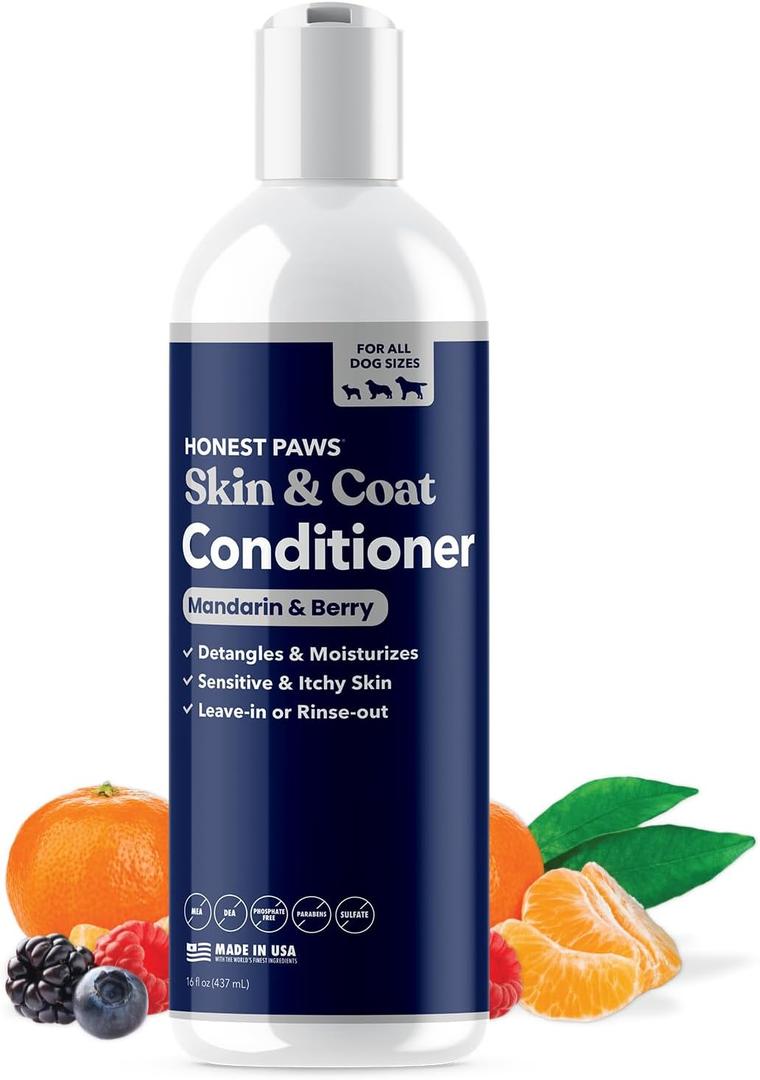 Honest Paws Dog Conditioner - Detangle & Moisturize - Premium Pet Conditioner for Itchy and Dry Skin - Hydrate Sensitive Skin - Shiny Coat Soft Hair Smooth Fur - Mandarin & Berry - 16oz