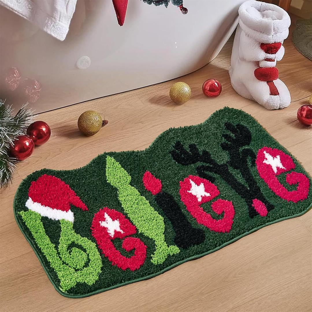 Cute Believe Christmas Bathroom Rugs Bath Mat Non Slip Washable, Green Grinch Reindeer Fun Xmas 2x3 Throw Area Rugs for Kitchen Entryway Bedroom, Holiday Winter Festive Seasonal Indoor Door Mat