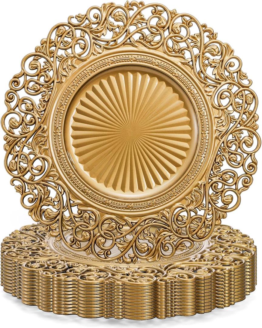 Foraineam Gold Charger Plates Set of 12, 13" Round Plastic Dinner Chargers, Decorative Hollowed Out Flowers Serving Plates for Table Setting, Catering, Wedding, Party, Event