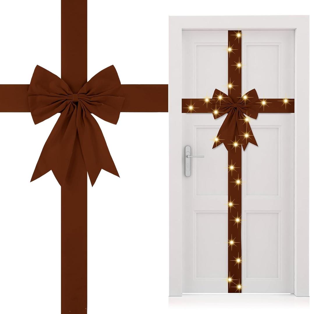 Spiareal Large Christmas Front Door Ribbon Bow with LED 14.1ft Velvet Christmas Cabinet Glowing Bows Decorations Xmas Tree Decor Festival Wrapping Decorations for Fireplace Home Front Door(Brown)