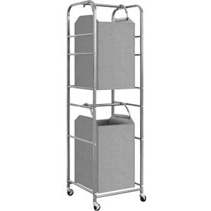 STORAGE MANIAC 2 Tier Vertical Laundry Hamper, 2 Section Laundry Sorter with 2 Removable Tote Bags, Rolling Clothes Basket for Towels, Blankets, Tall Dirty Clothes Hamper for Closet, Bathroom, 2 Bags (Gray)