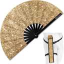 Glitter Large Rave Folding Clack Hand Fan with Holster, Popping Handheld Fan Foldable for Men Women for EDM Festival Club Party Dance, (Champagne, Large 13")