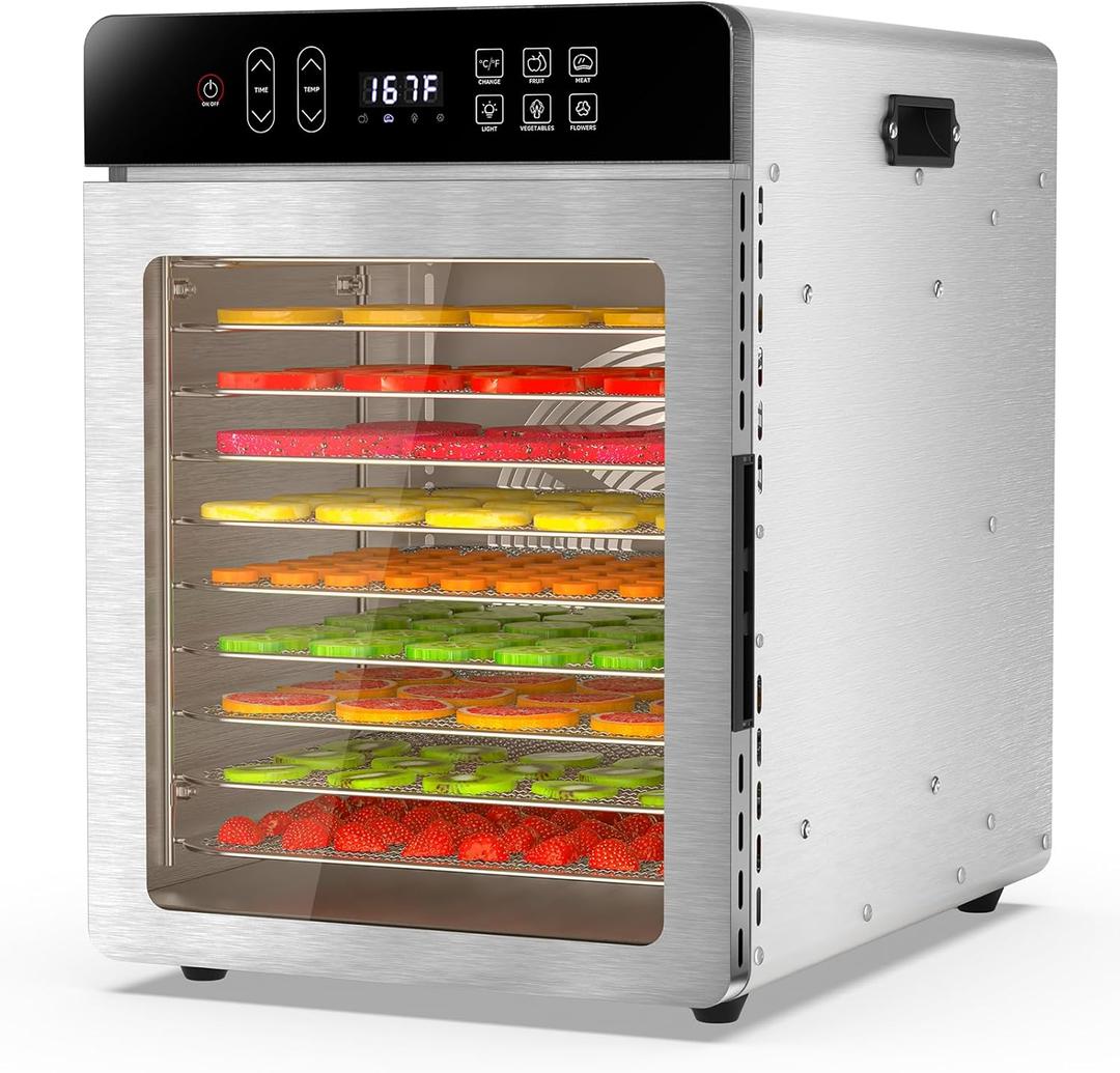 Food Dehydrator with 10 Stainless Steel Trays, 800W Fruit Dehydrator Machine with 194℉ Temperature Control & 24H Digital Timer, 4 Presets, Meat Dehydrator for Jerky, Herbs, Yogurt, Dog Treats