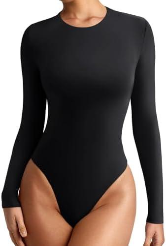 REORIA Women's Crew Neck Long Sleeve Bodysuits Basic Slim Fit Comfy Lightweight Layering Top Fall Winter Outfits