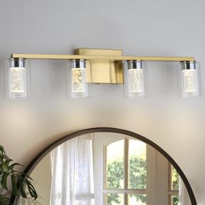 4-Light Gold Bathroom Light Fixtures, Brushed Brass Dimmable Vanity Light with Clear Glass Shade, Crystal LED Bathroom Lights Over Mirror for Bedroom, Living Room, Hallway, Farmhouse