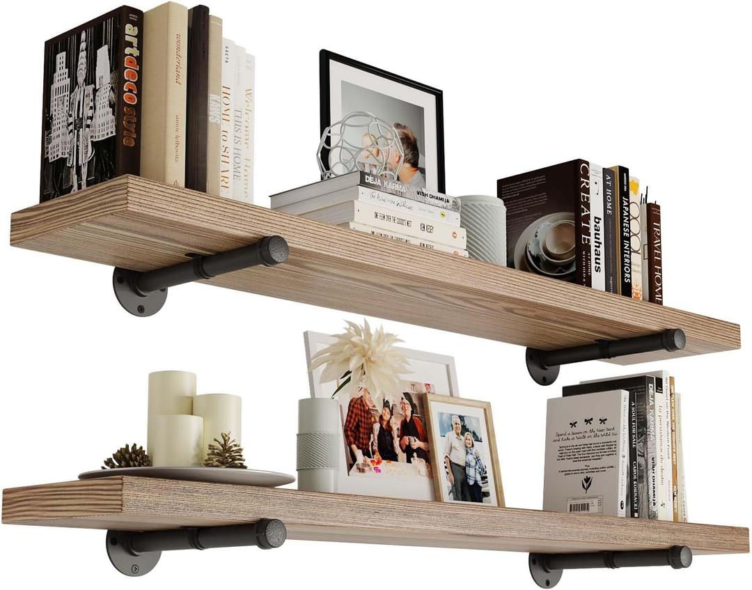 Wallniture Pipe 48 inch Long x 9.25 in Deep Floating Shelves for Wall, Industrial Pipe Shelving, Wall Bookshelf for Living Room, Home Office, Laundry Room, Set of 2, Burnt, Wood