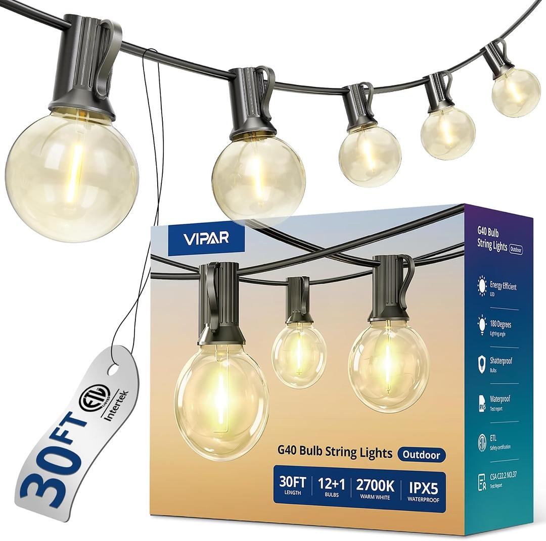 VIPAR Outdoor String Lights, 30FT 13 G40 Bulbs Patio Lights Outdoor Waterproof, Shatterproof Connectable LED Outside Hanging Light for Balcony, Backyard, Porch, Garden, Deck, Bistro, 2700K Dimmable