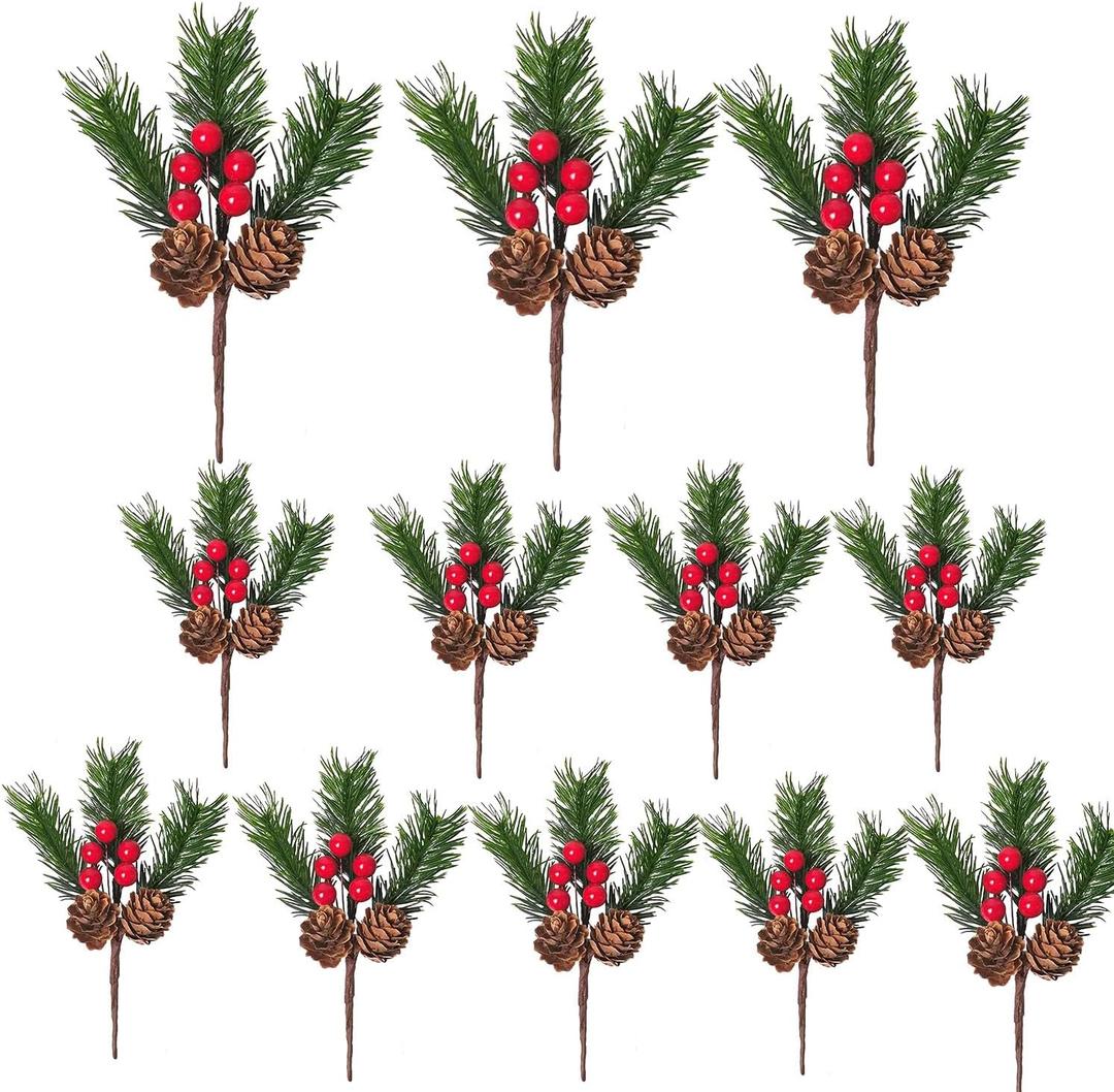 12Packs Christmas Floral Picks, Pine Cone Holly Berry Stems for Crafts, Pine Needles Branches with Stems Artificial Christmas Picks Red Berry for Home Decor, Garland, Wreath