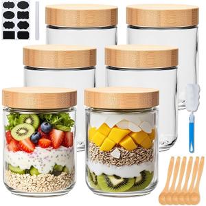 Encheng 16oz Glass Jars with Lids, Overnight Oats Containers with Bamboo Lids, Wide Mouth Glass Mason Jar Food Storage Containers for Salad, Yogurt, Meal Prep, 6 Pack