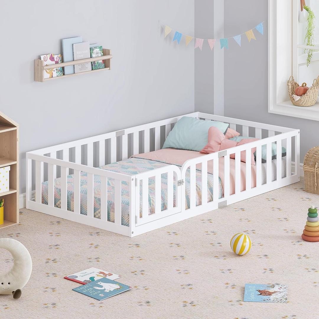 Spirich Twin Size Solid Wood Kids Floor Bed Frame with Fence and Door