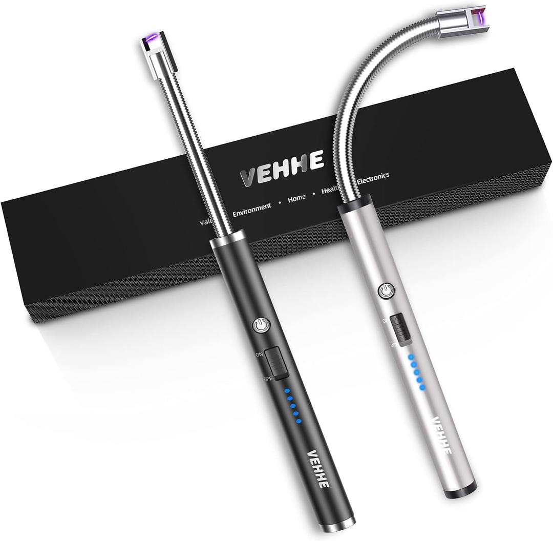VEHHE Candle Lighter, 2 Pack Rechargeable Electric Lighter with LED Battery Display Safety Switch, Flexible Neck USB Lighters for Candles Camping Grill Gas Stoves Cooking (Black and Silver)