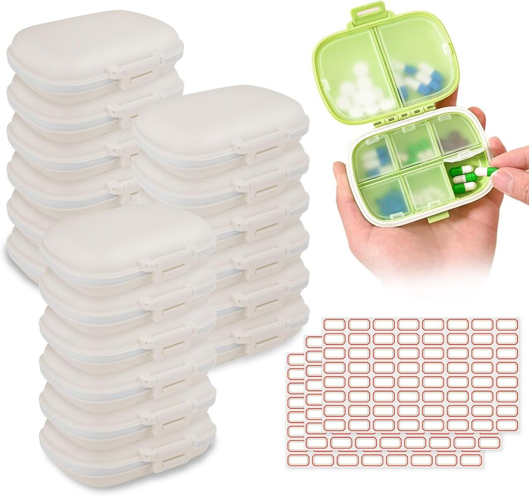 18 Pack Travel Pill Boxes Bulk Small Pill Case Portable Pill Organizer 8 Compartments Pill Box Dispenser Daily Vitamin Jewelry Organizer Travel Must Haveswith(White with 192 Pcs Labels)