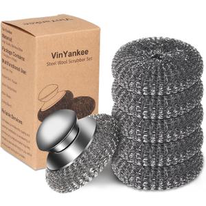 6Pcs Steel Wool Scrubber with Replacement Wire Pads Set, Stainless Steel Scrubber with Handle for Scouring Stubborn Messes from Cast Iron, Pots, Pans, Grill, Stoves, Sink(1 Scrubber+5 Pads)