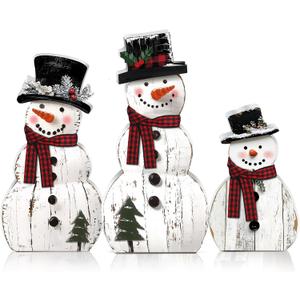 Barydat 3 Pcs Christmas Snowman Wooden Decorations Rustic Snowman Table Centerpieces Block Sign for Xmas Holiday Party Winter Indoor Home Kitchen Office Room Decorations