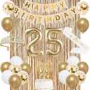 Trgowaul 25th Birthday Decorations for Women, Banner, Sash and Crown, Cake Topper, 25 Number Balloon, Fringe Curtains, Champagne Gold 25th Birthday Party Supplies