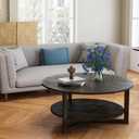 Round Wood Coffee Table with Storage Shelf, 33.5" D Wooden Circle Accent Coffee Table, 2-Tier Solid Wood Rounded Center Cocktail Table for Home Living Room Bedroom, Black Brown