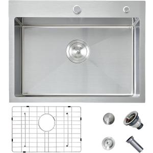 HOTIS 24 x 18 Inch Drop In Kitchen Sink, Overmount 304 Stainless Steel RV Laundry Utility Sink, Topmount Extra-thick 16 Gauge Brushed Nickel Single Bowl Sink with Dish Grid & Drain