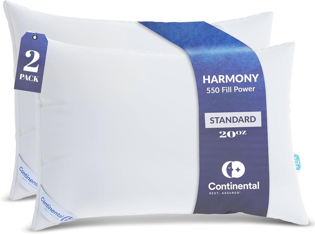Continental Bedding | Harmony White Down Pillow | 550 Fill Power | 400 Thread Count Cotton Cover | Made in USA | Standard, Medium | 2 Pack