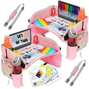 PILLANI Kids Travel Tray for Car Seat - Carseat Tray w/ iPad Holder & Dry Erase Board, Road Trip Activities - Toddler Lap Desk Organizer for Airplane - Roadtrip & Travel Essentials - Pack of 2, Pink