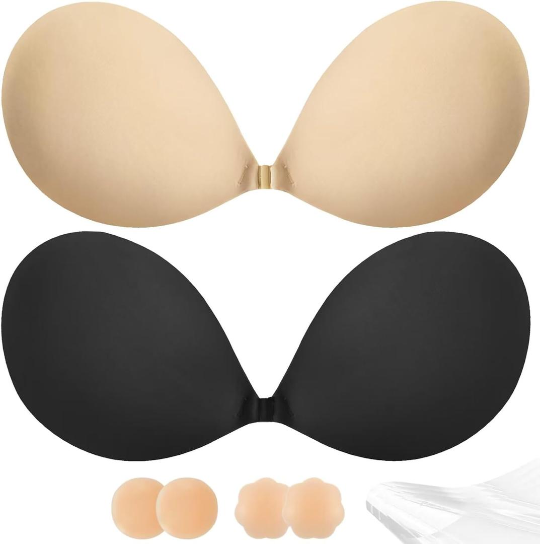 Sticky Bra Push Up - Strapless Adhesive Bras,Invisible Backless Bra,Lift Support for Women (2 Pair) (Black+nude) E