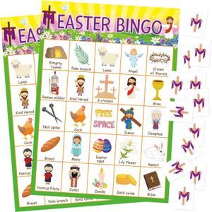 Lewtemi Easter Bingo Game Religious Bingo Cards with 24 Players Games for Adults and Family Teens Vacation School Supplies Holiday Party Favors Easter Day Gifts