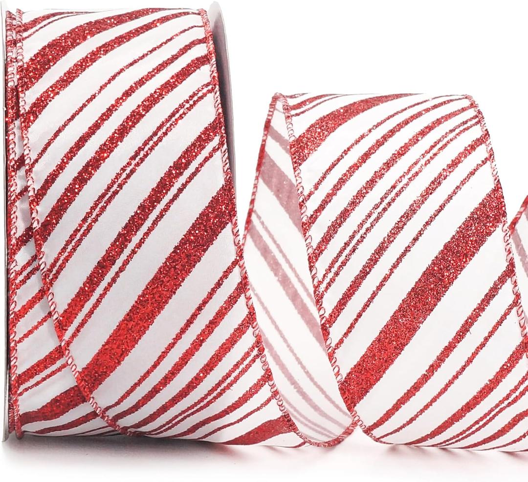 ALTIER 2.5 Inch x 40 Yards White Satin Red Glitter Stripes Wired Ribbon for Christmas Home Decoration Gift Wrapping Bow Making Wreath DIY Crafts