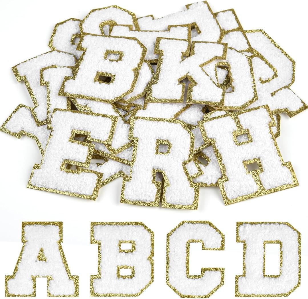 CHRORINE 26/52/104 Pcs Self Adhesive Chenille Letter Patches A-Z, Also Supports Sew or Iron on, Embroidered Alphabet Patches Stickers for DIY Clothing, Bags, Hats (26, White, Height 2.16)