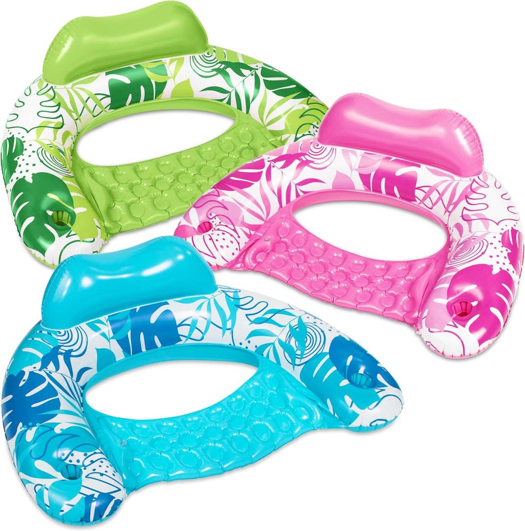 SLOOSH Inflatable Pool Floats Adult, 3 Pack Pool Chairs with Cup Holders,Blow up Floats Chair,Hammock Noodle Mat Leaves Design for Relaxing Summer Water Fun Swimming Party Beach,Blue, Green, Pink