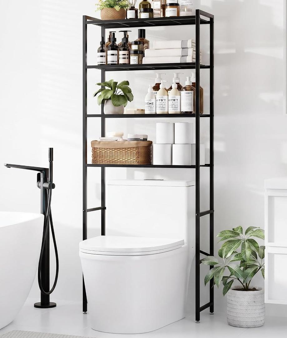 4-Tier Over The Toilet Storage Rack, Bathroom Organizer with One-Piece Metal Mesh Shelves, Over Toilet Shelf with Adjustable Feet & Anti-Tip Kit, Space-Saving Bathroom Storage, Black, 9.4"D x 24.4"W x 68.5"H
