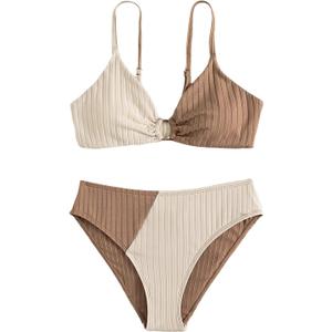 OYOANGLE Girl's 2 Piece Colorblock Ring Linked Bikini Swimsuit Ribbed Knit Bathing Suit Apricot Khaki 10-11Y