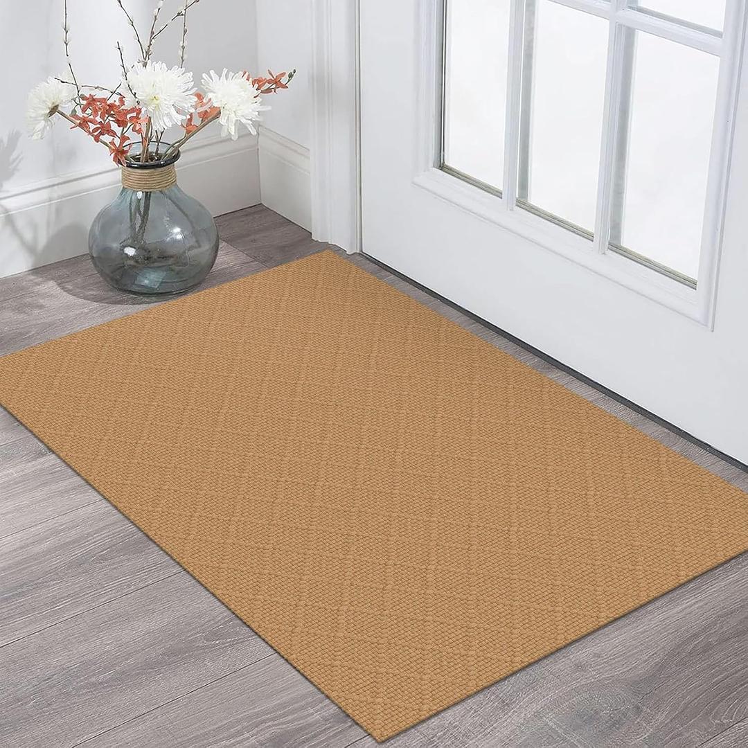 KOZYFLY Washable Area Rug 2x3 Ft Small Entryway Rug Throw Rugs with Rubber Backing Indoor Door Mat, Braided Cotton Floor Carpet for Front Entrance Bathroom Kitchen Foyer, Warm Tan