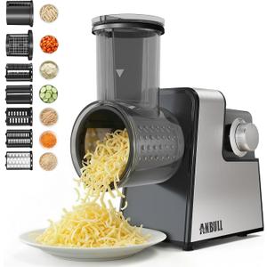 Anbull 7-in-1 Electric Salad Maker, 250W Professional Cheese Grater & Vegetable Cutter with Dicer, French Fry Blades, Automatic Slicer Shredder for Salads, Fruits, Nuts, One-Touch Meal Prep, BPA-Free (Silver)