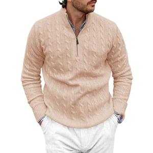 Runcati Mens Quarter-Zip Pullover Sweater Cable Knitted Stand Collar Winter Casual Warm Twisted Knitwear Sweaters , M, Beige
