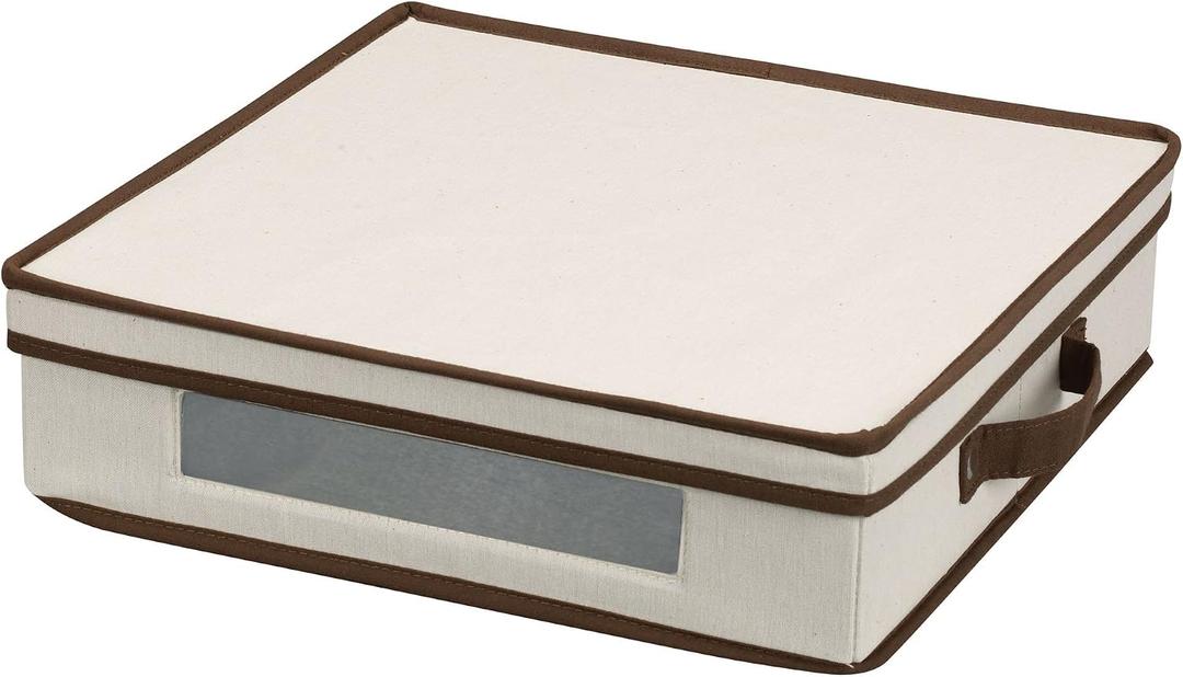 Household Essentials Charger Plate Storage Box, Holds 12 Plates with Felt Protectors and a Windowed Panel, Gray and Black Trim