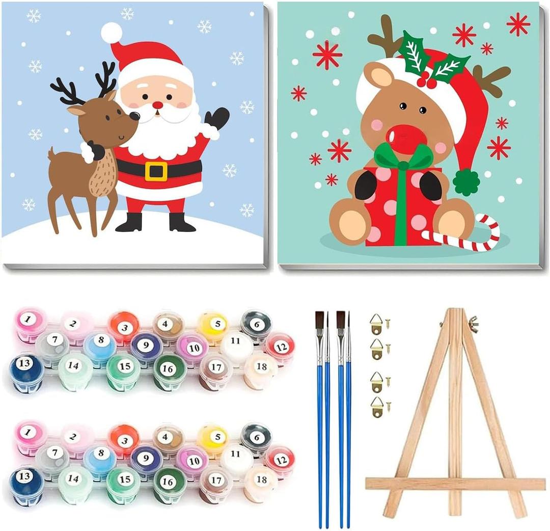 2 Pack Paint by Numbers Kit for Kids with Frame-Wooden Easel, Christmas Paint by Numbers for Kids Ages 4 8 12, Easy Christmas Acrylic Oil Painting Kits for Home Wall Decoration 8x8 inch
