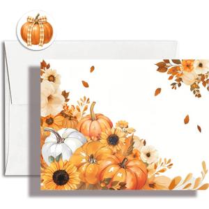 Aorailep 10 Pack Fall Thank You Cards With Envelopes and Stickers Orange White Pumpkin Blank Note Cards for Thanksgiving Harvest Party Wedding Baby Bridal Shower