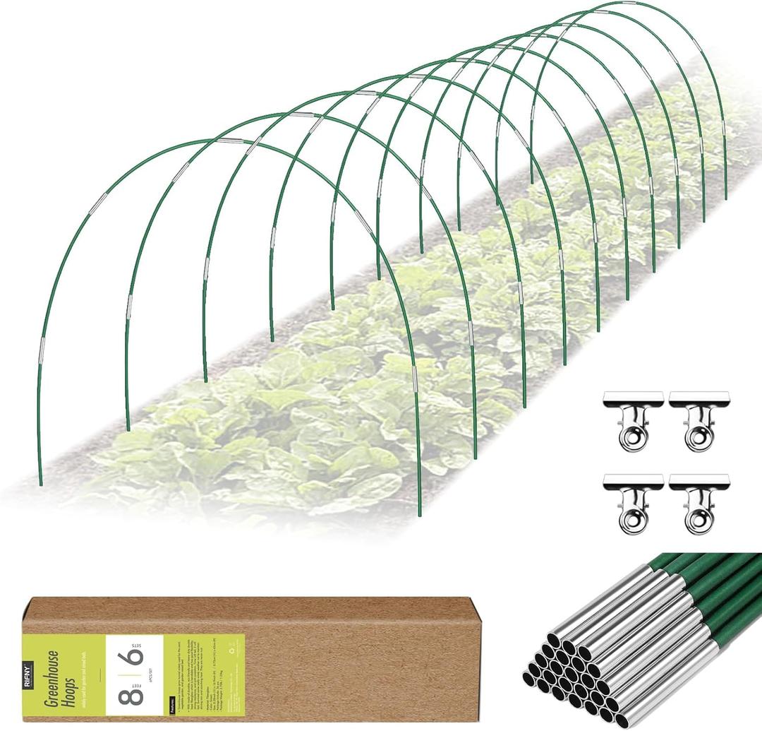 60 PCS Garden Hoops for Raised Beds, Rifny 10 Sets Greenhouse Hoops Kit of 8 FT Long Grow Tunnel, Rust-Free Fiberglass Garden Support Poles for Insect Mesh Netting Freeze Plant Cover (Green)