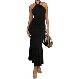 SOLY HUX Women's Bodycon Maxi Dress Halter Neck Sleeveless Backless Twist Party Club Going Out Long Dresses (Large)