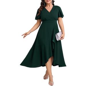 SCOMCHIC Plus Size Formal Dresses for Women Wedding Guest V Neck Wrap Ruffle Split Cocktail Party Evening Gowns Dress XX-Large Plus, Emerald Green 