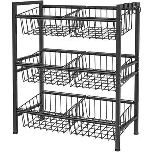 Hastatii Kitchen Storage Basket Shelf, Snack Basket Shelf, 3 Tier Fruit Vegetable Basket Stand, Metal Pantry Storage with 6 Stackable Wire Baskets, Black
