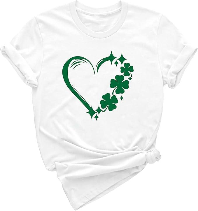 St. Patrick's Day Shirts for Women Irish Shamrock Heart Graphic Tee St Patty's Day T-Shirt Irish Valentines Day Tops, White, X-Large