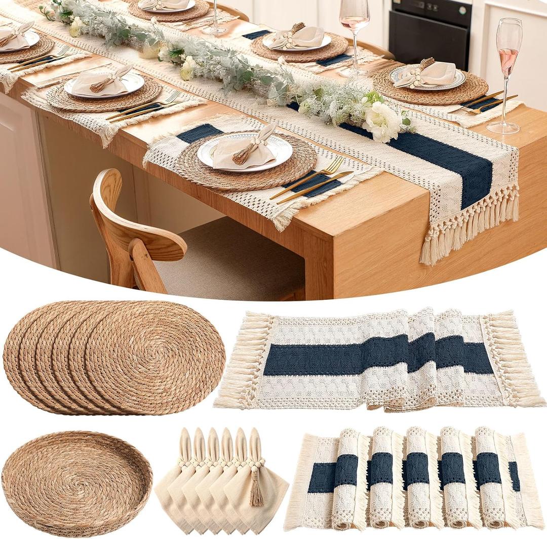 6 Sets Boho Kitchen Decoration Placemats Round Woven Placemats, Cloth Napkins, Wood Bead Napkin Rings, Long Table Runner and Farmhouse Burlap Cotton for Table (Blue,Classic)