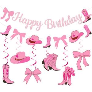 Coquette Cowgirl Birthday Party Decorations Banner Cowgirl Themed Party Decorations with Glitter Banner Garland Hanging Swirls for Western Cowgirl Bows Birthday Themed Party