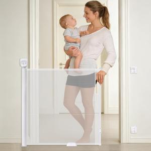 Retractable Baby Safety Gate, 33.8" Tall Extends to 55" Wide, Dual Lock, Adjustable Mounting, Extendable Pet Gate for Hallways, Stairs, Indoor & OutdoorWhite