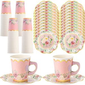Tioncy 100 Pcs Tea Party Decorations Include 50 Pieces 9 oz Paper Tea Cups with Handle and 50 Plates Disposable Teacups and Saucers Sets for Birthday(Blossom) (Pink)