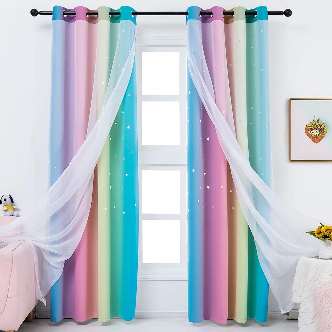 Reepow Rainbow Kids Blackout Curtains 2 Panels for Girls Bedroom Playroom, Tulle Overlay Star Cut Out Curtains with Stainless Steel Gromment Top - 52x84 Inches, Pink Yellow
