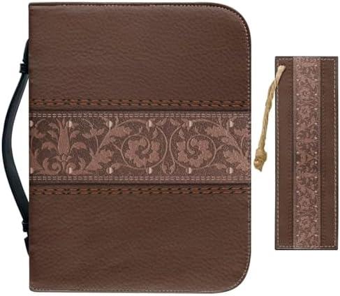 Chicprint Vintage Flower Bible Bag with Bookmark Pu Leather Bible Covers for Women Men Large Study Bible Holder Case with Inner Pockets Handle Brown