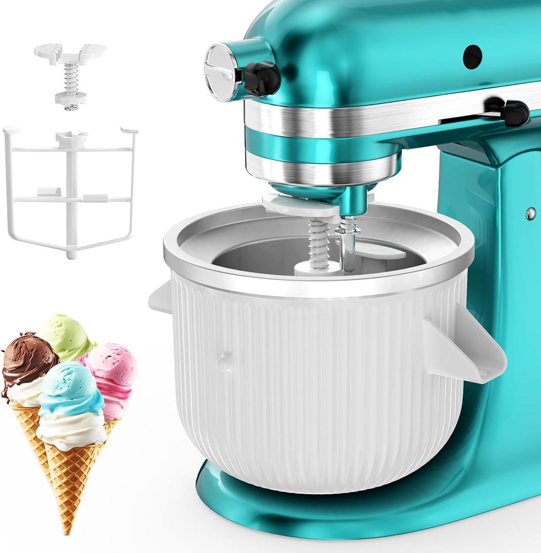 Ice Cream Attachment for KitchenAid Mixer, Ice Cream Bowl Compatible with 4.5Qt and 6QT Or Larger Stand Mixers KitchenAid Attachment, Frozen Yogurt & Sorbet Gelato Maker Attachment, 2 Qt White