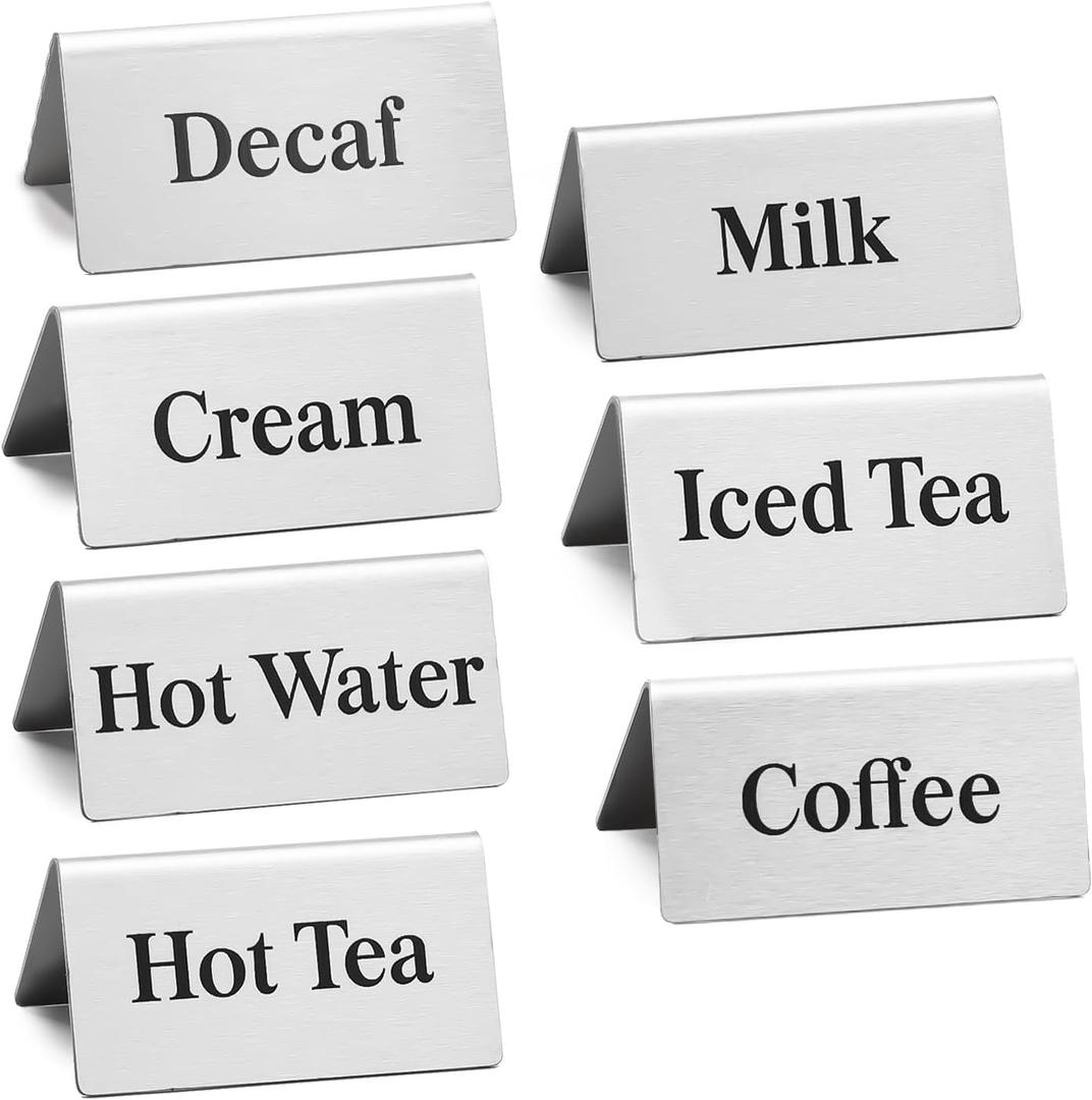 7 Pcs Stainless steel coffee beverage table tent signs Double sided metal tea sign for Cafe Coffee bar Party Buffet Restaurant Indoor Outdoor Table Display Signs 2.95 x 1.57Inch